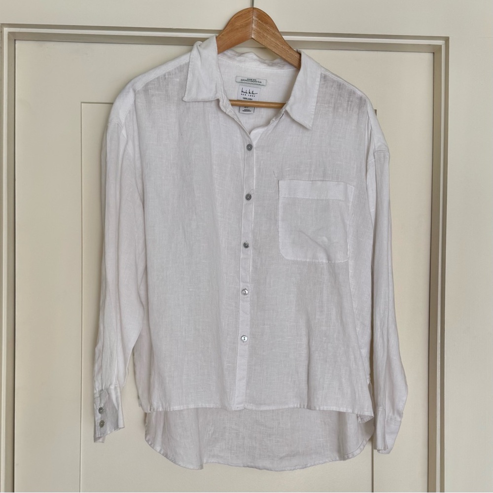 Timeless Nicole Miller 100% European Linen White Casual High Low Blouse, Large